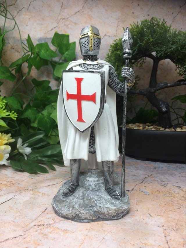 Templar Knight Standing with Spear and Shield Statue Ornament Medieval Sculpture 18 cm-Osiris Craftworks