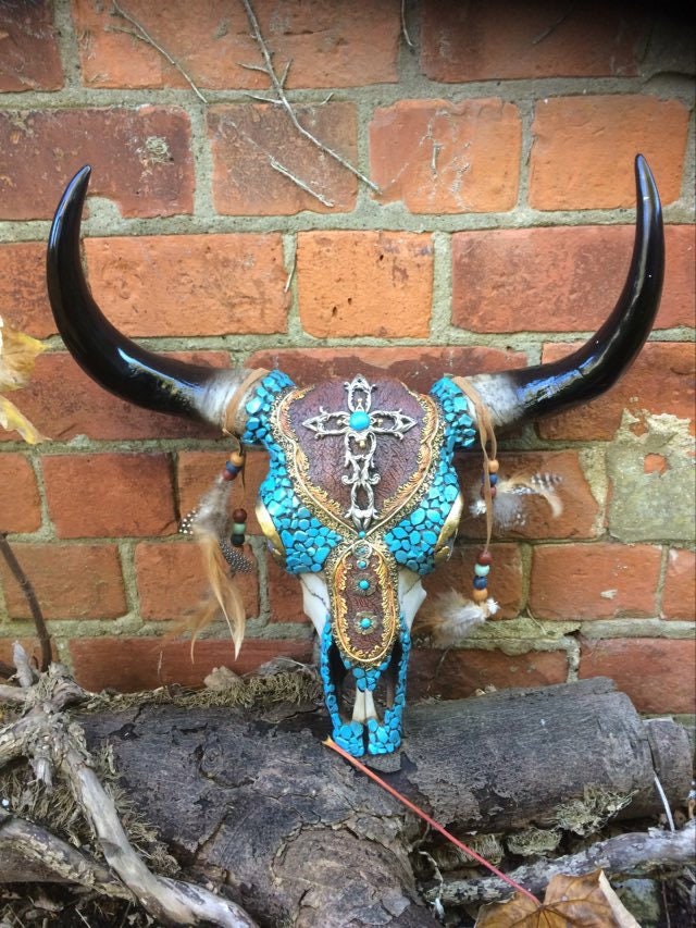 Large Native American Style Bison Skull Large Horns Ornament Wall Plaque Cow Bull Sculpture Art-Osiris Craftworks