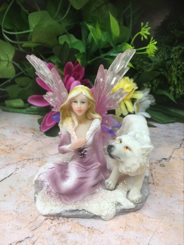 Fairy Sitting with Wolf Figurine Fantasy Fairy Figure Mythical Statue-Osiris Craftworks