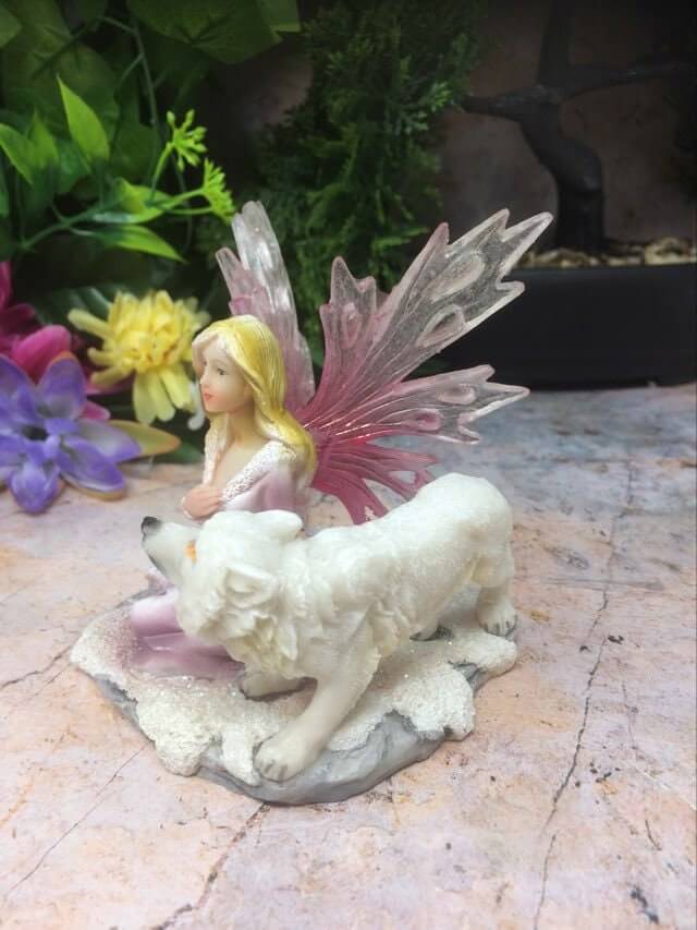 Fairy Sitting with Wolf Figurine Fantasy Fairy Figure Mythical Statue-Osiris Craftworks