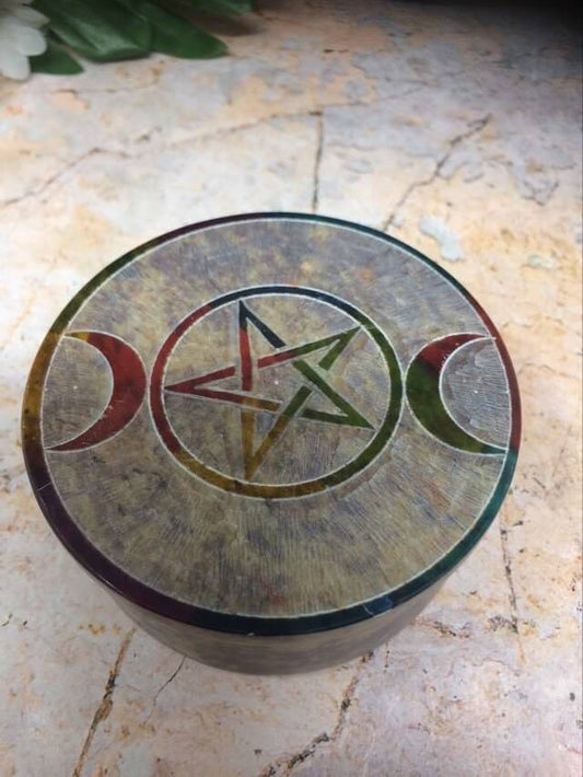 Soapstone Multicoloured Round Triple Moon Goddess Pentagram Chakra Box Secret Altar Decoration Home Ornament-Osiris Craftworks