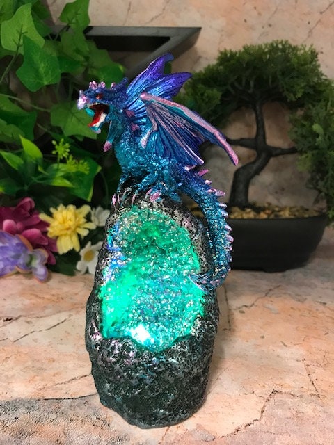 Blue Dragon Guardian of Geode Sculpture Statue Ornament with LED Light Dragons Collection 17 cm-Osiris Craftworks