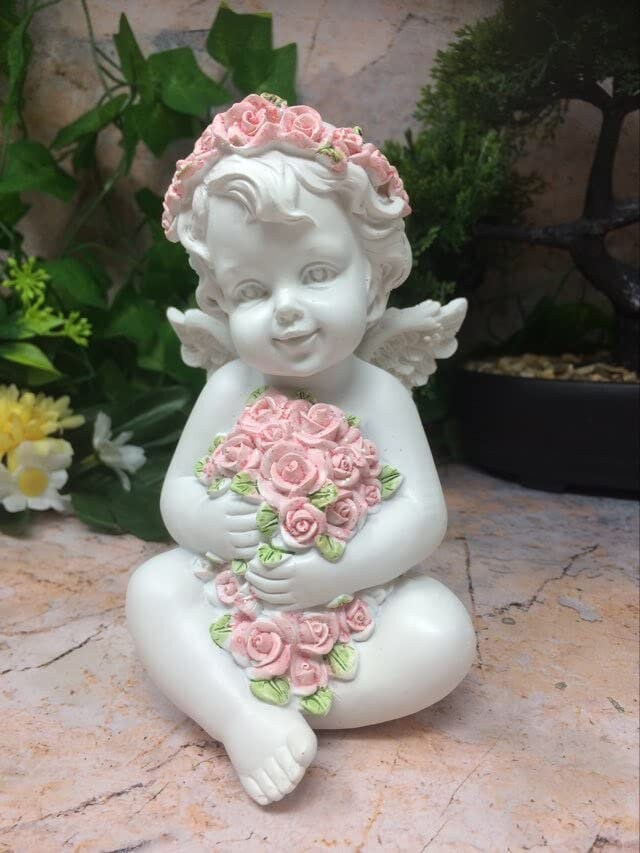 Cherubic Angel Figurine Embracing Pink Roses, Adorable Resin Cherub Statue, Angelic Home Decor, Floral Guardian Sculpture, Heartwarming Gift-Osiris Craftworks