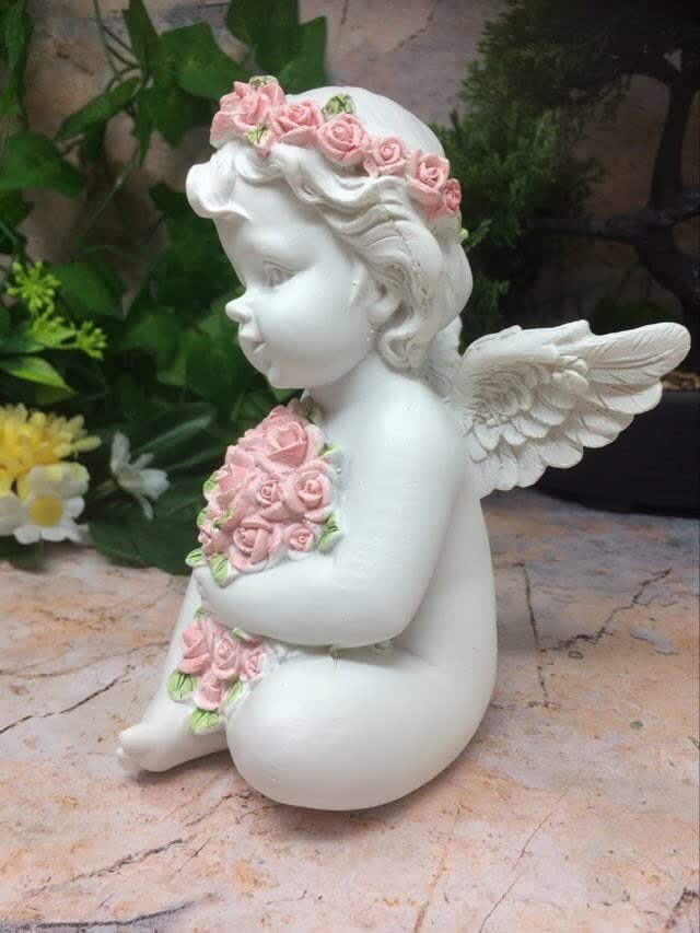 Cherubic Angel Figurine Embracing Pink Roses, Adorable Resin Cherub Statue, Angelic Home Decor, Floral Guardian Sculpture, Heartwarming Gift-Osiris Craftworks