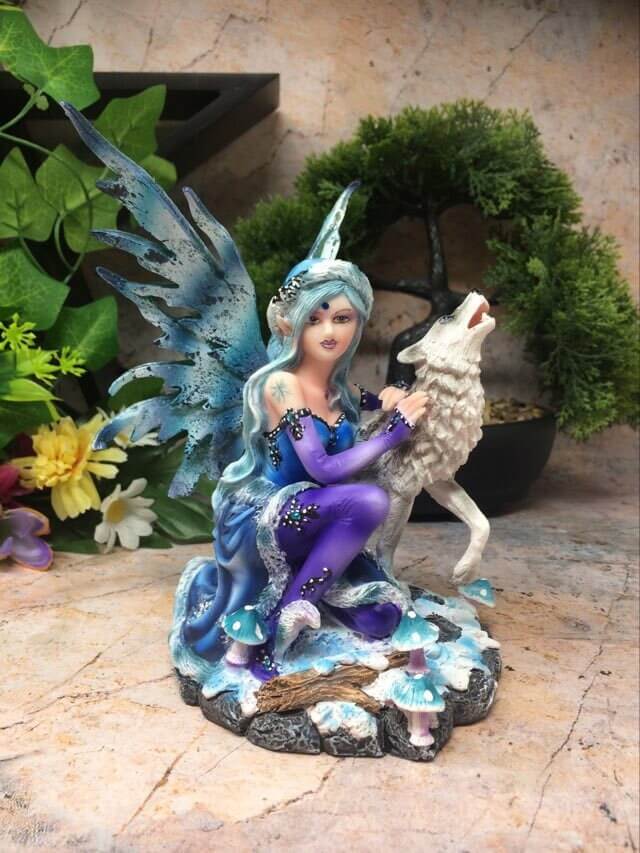 Winter Fairy with Howling Wolf Display Figurine Statue Ornament-Osiris Craftworks