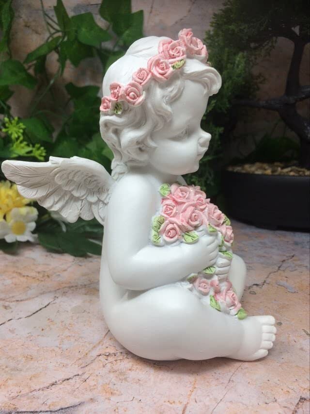 Cherubic Angel Figurine Embracing Pink Roses, Adorable Resin Cherub Statue, Angelic Home Decor, Floral Guardian Sculpture, Heartwarming Gift-Osiris Craftworks