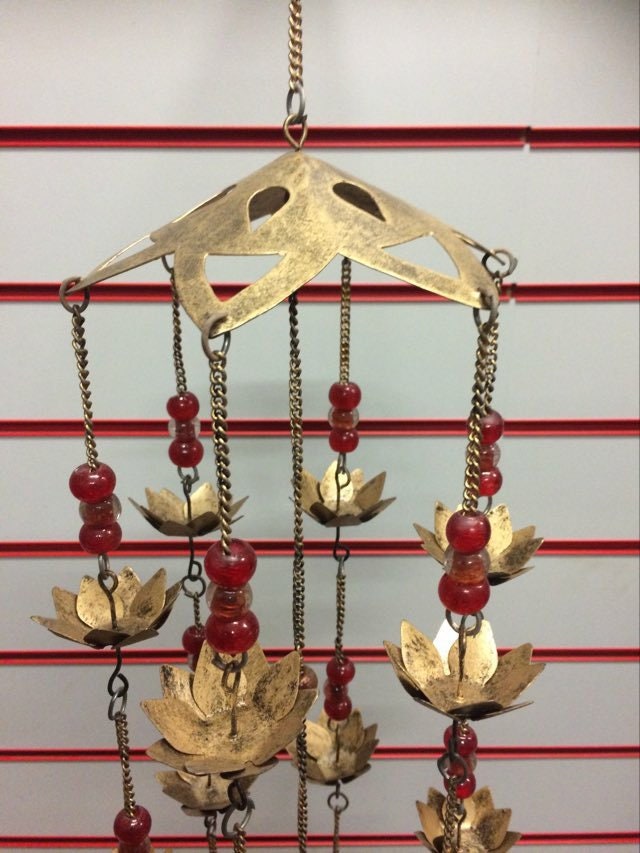 Large Wind Chime with Golden Lotus Flower and Bells Hanging Decor Mobile 82 cm-Osiris Craftworks