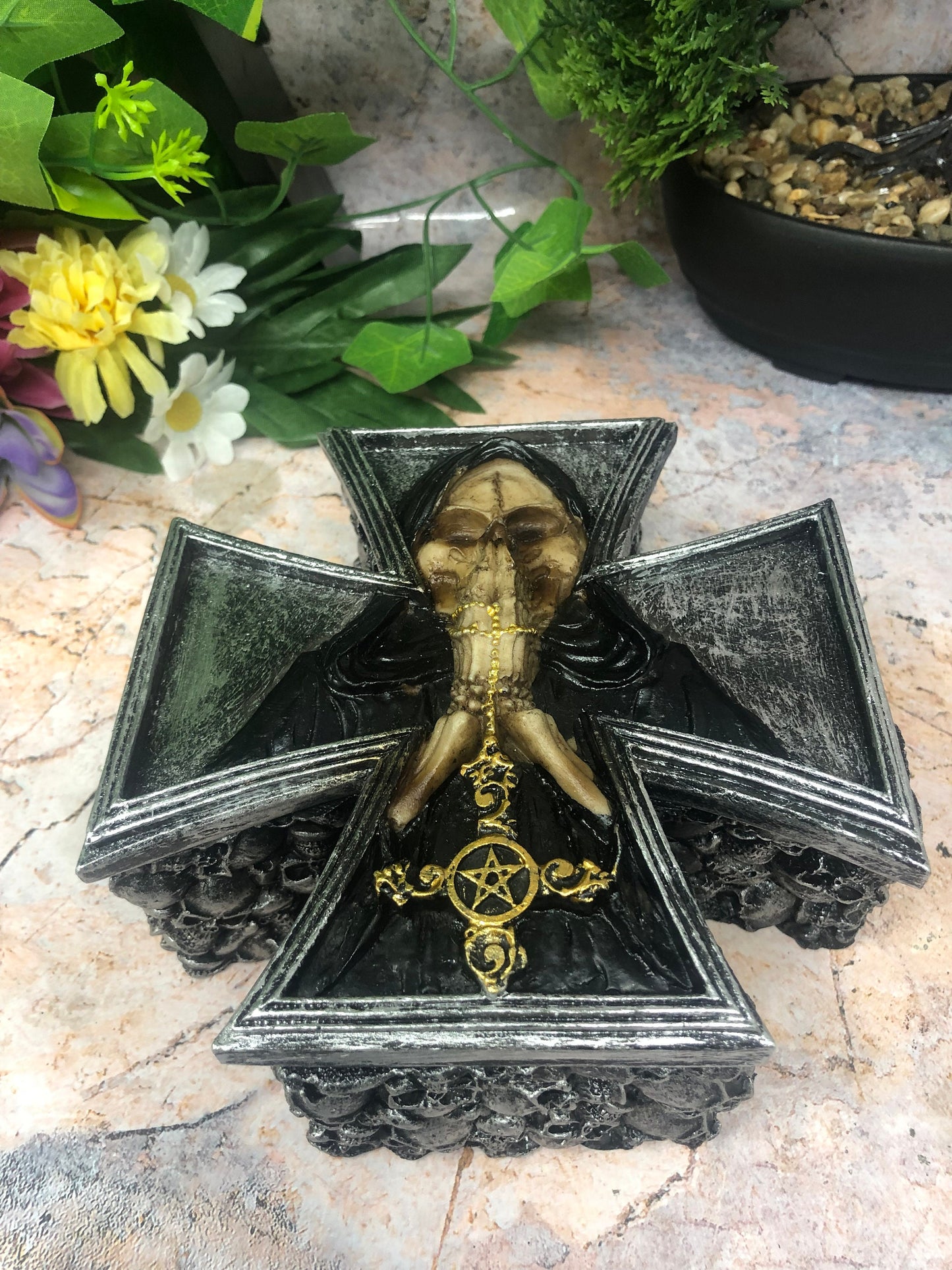 Dark Gothic Fallen Angel of Death Cross Trinket Box - Occult Grim Reaper Figure - Handmade Cold Cast Resin Mythical Decor-Osiris Craftworks