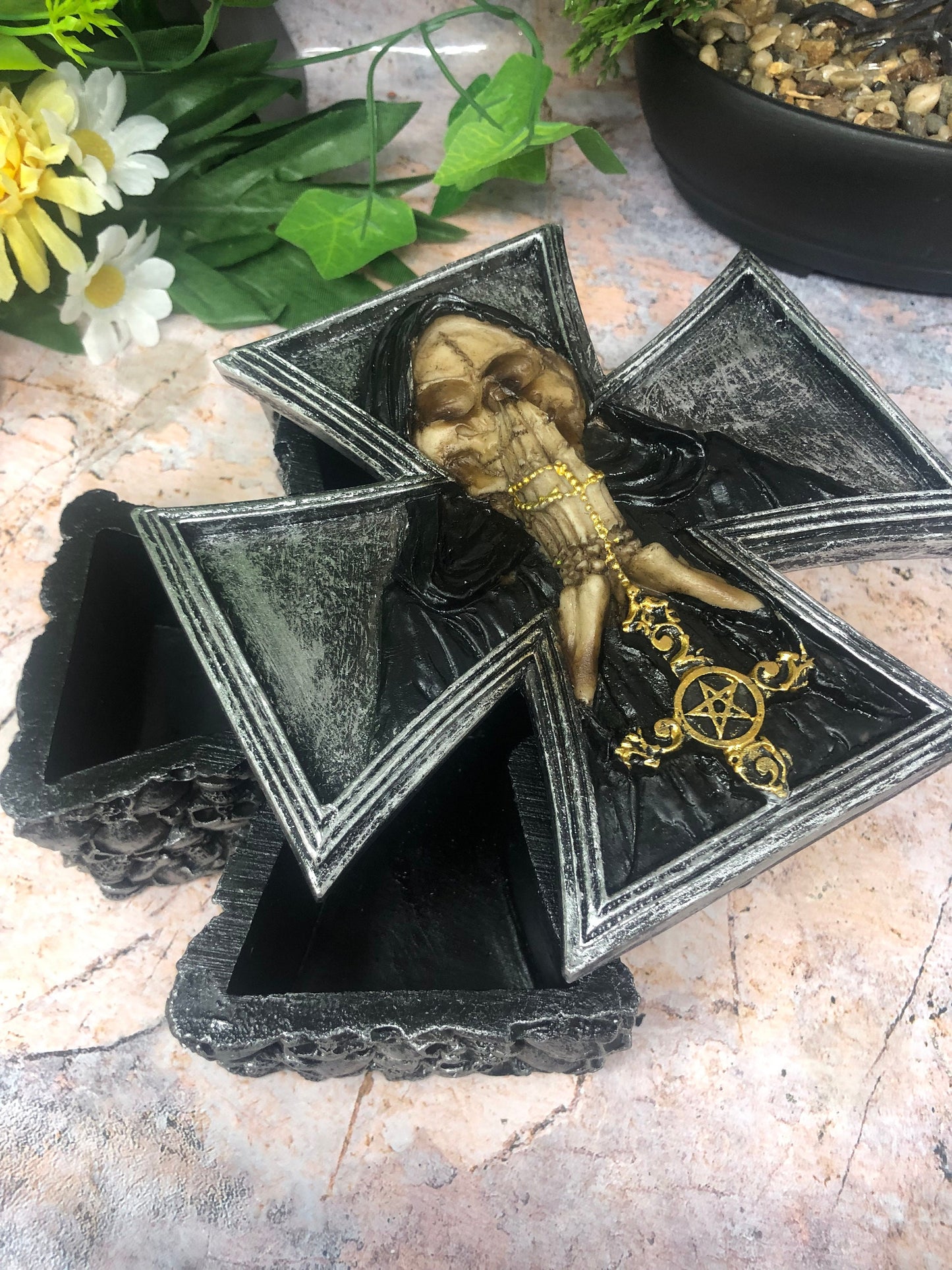 Dark Gothic Fallen Angel of Death Cross Trinket Box - Occult Grim Reaper Figure - Handmade Cold Cast Resin Mythical Decor-Osiris Craftworks