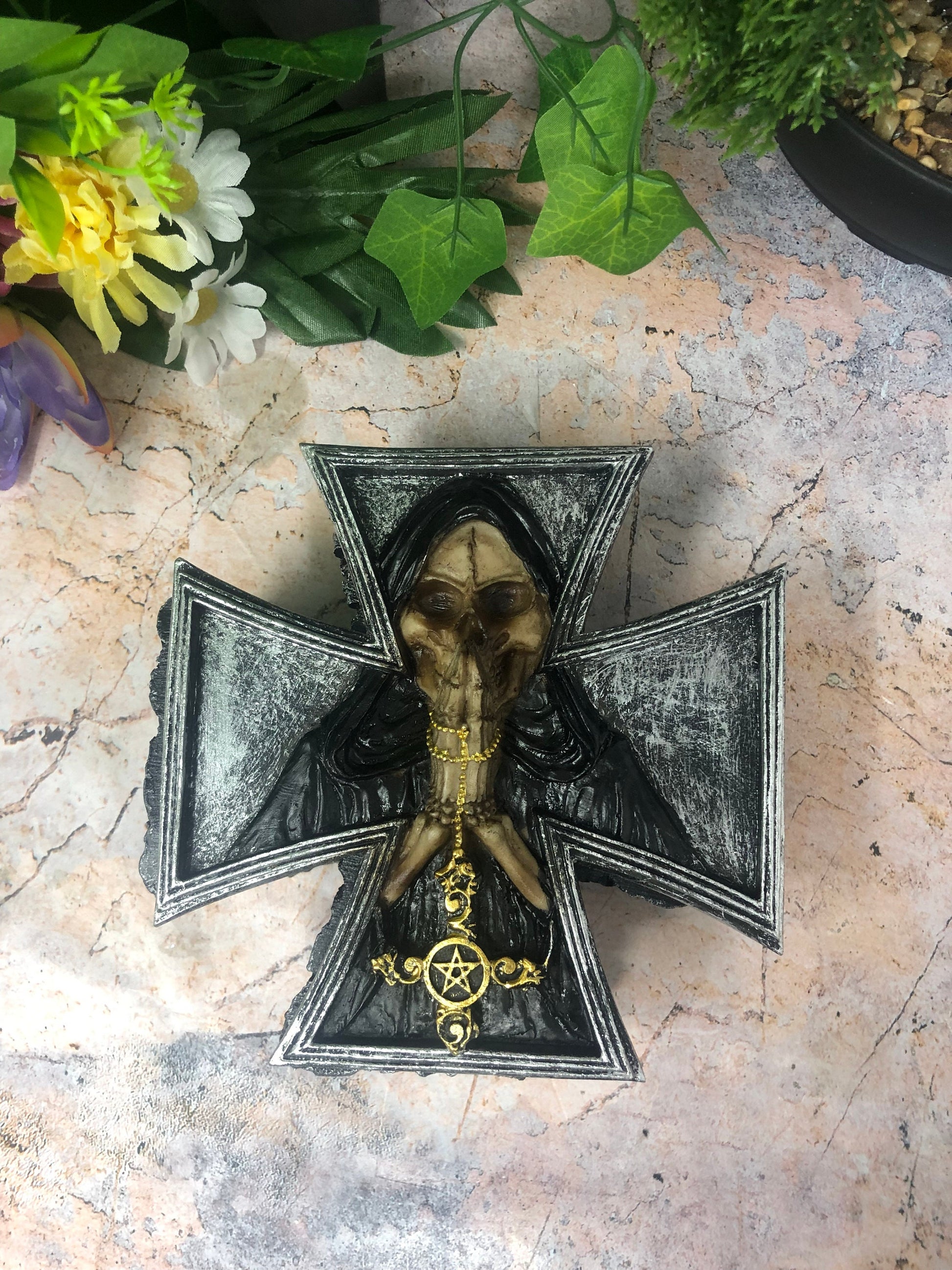 Dark Gothic Fallen Angel of Death Cross Trinket Box - Occult Grim Reaper Figure - Handmade Cold Cast Resin Mythical Decor-Osiris Craftworks