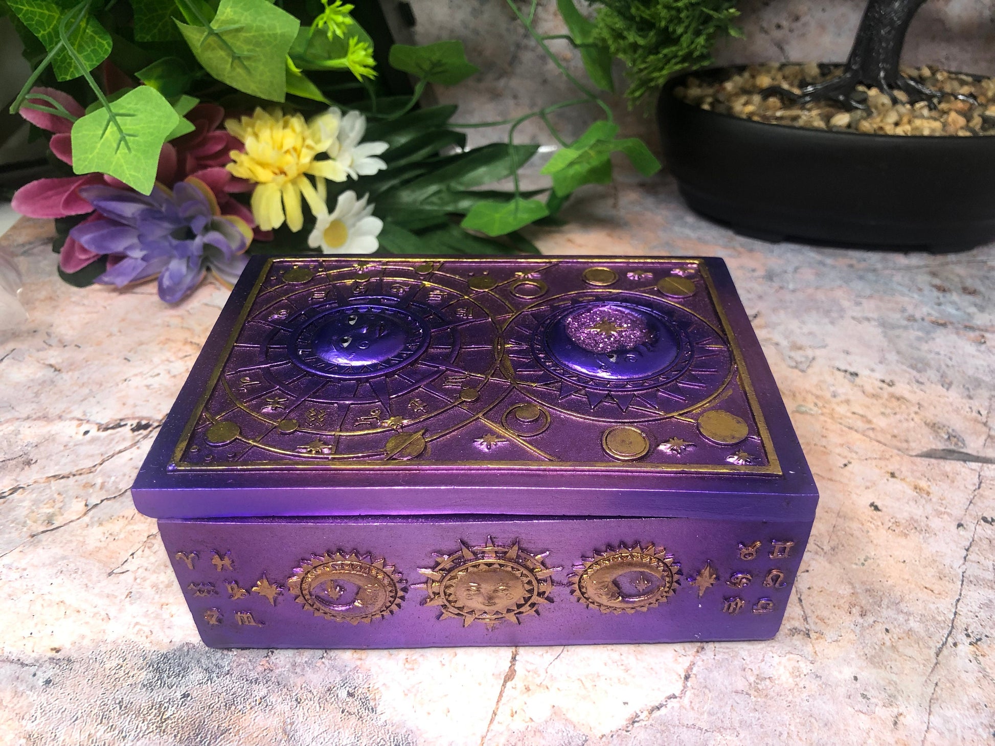 Mystical Sun and Moon Tarot Box Celestial Altar Decoration Home Ornament Wicca Pagan Style Purple Colour-Osiris Craftworks