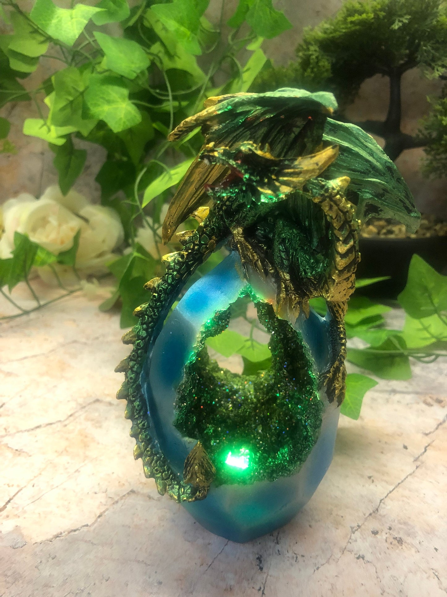 Enchanted Emerald Geode Effect Dragon, LED Fantasy Sculpture, Green Statue Mystical Resin Art, Magical Creature,  Mythical Home Decor