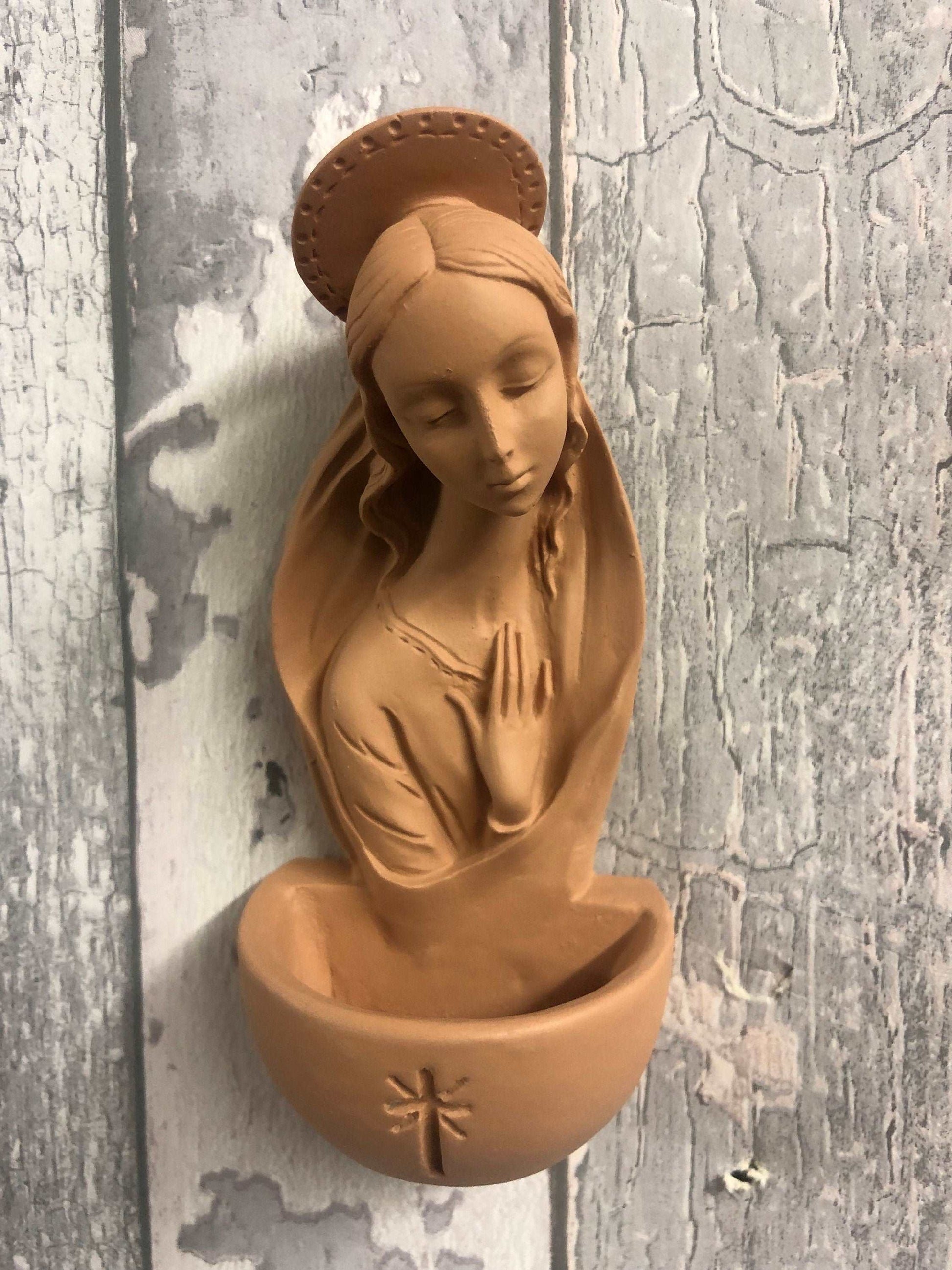 Blessed Virgin Mary Water Font Wall Plaque, Madonna Ceramic Statue Ornament, Holy Figurine, Spiritual Home Decor, Sacred Art Devotional Gift-Osiris Craftworks