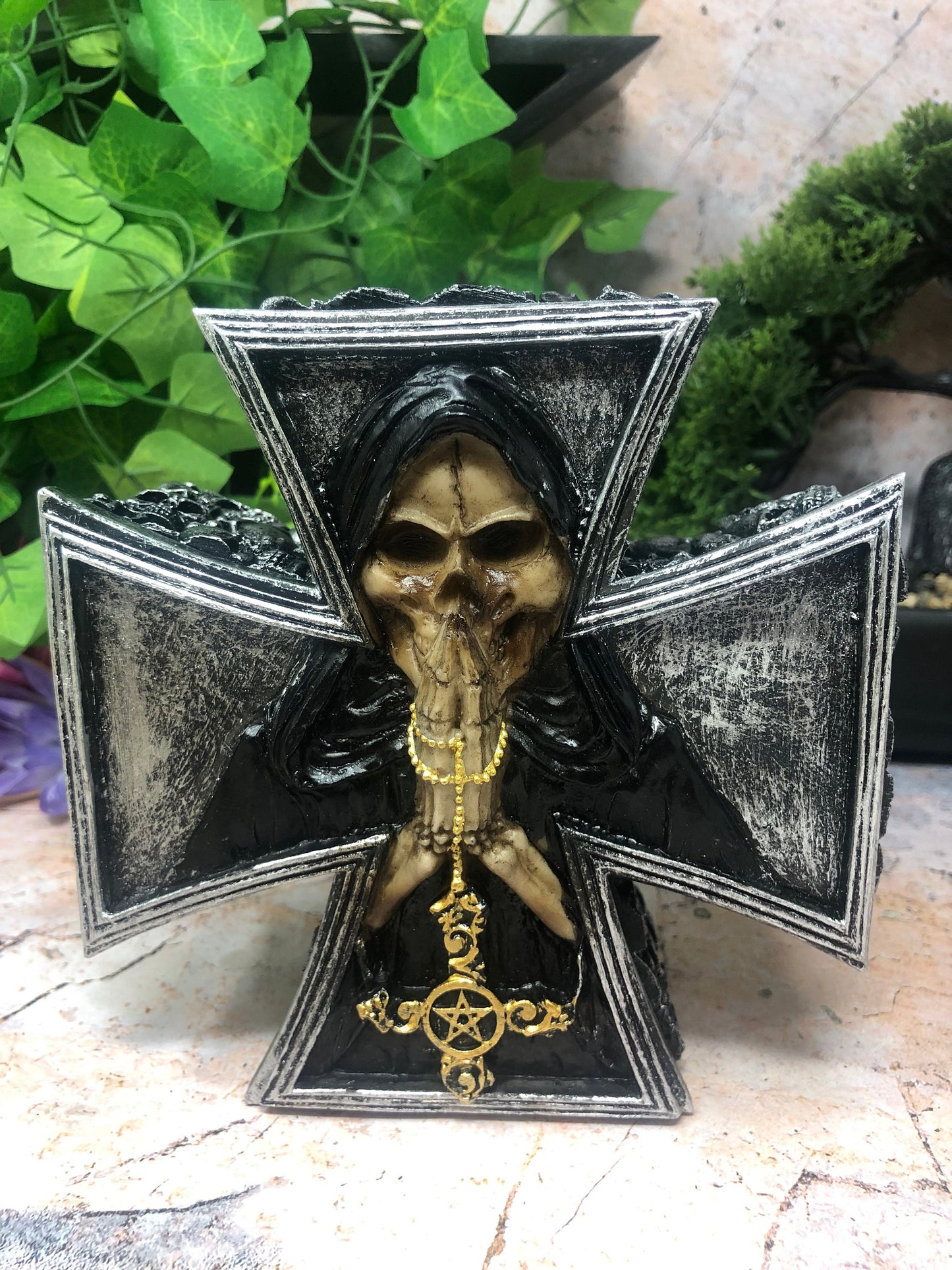 Dark Gothic Fallen Angel of Death Cross Trinket Box - Occult Grim Reaper Figure - Handmade Cold Cast Resin Mythical Decor-Osiris Craftworks