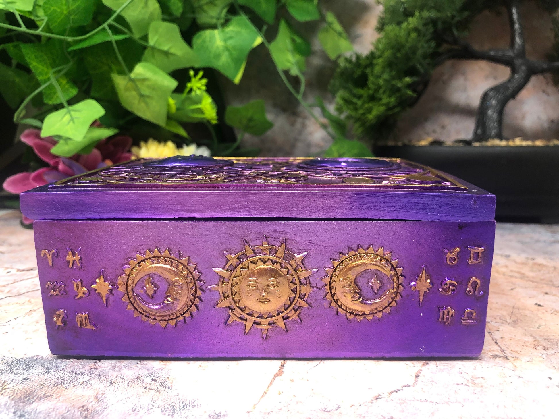 Mystical Sun and Moon Tarot Box Celestial Altar Decoration Home Ornament Wicca Pagan Style Purple Colour-Osiris Craftworks