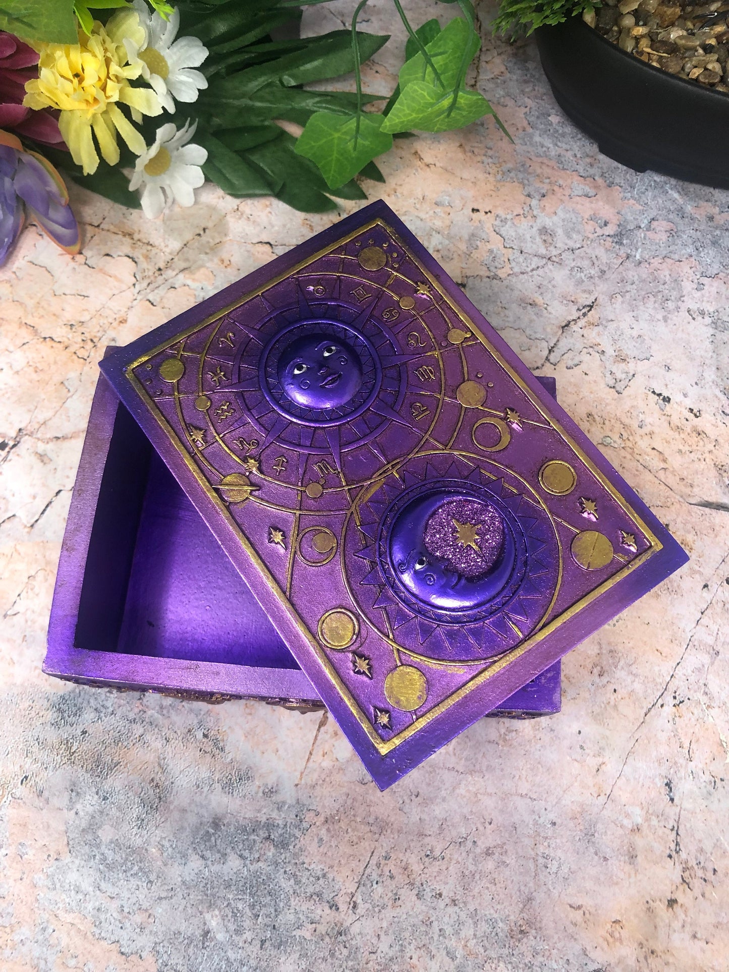 Mystical Sun and Moon Tarot Box Celestial Altar Decoration Home Ornament Wicca Pagan Style Purple Colour-Osiris Craftworks