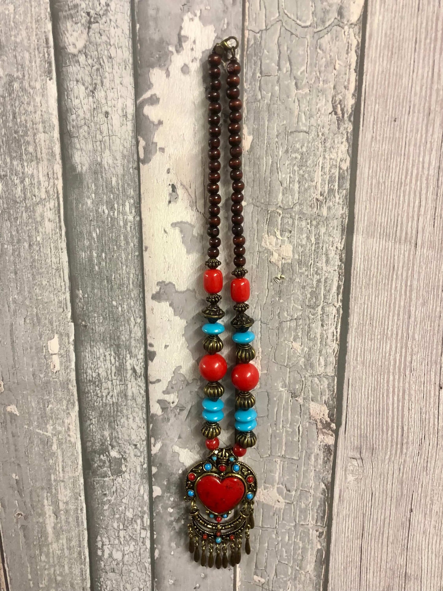 Handmade Tibetan Statement Necklace in Turquoise Blue Red Brass and Stone Handcrafted Vintage Style Jewelry-Osiris Craftworks