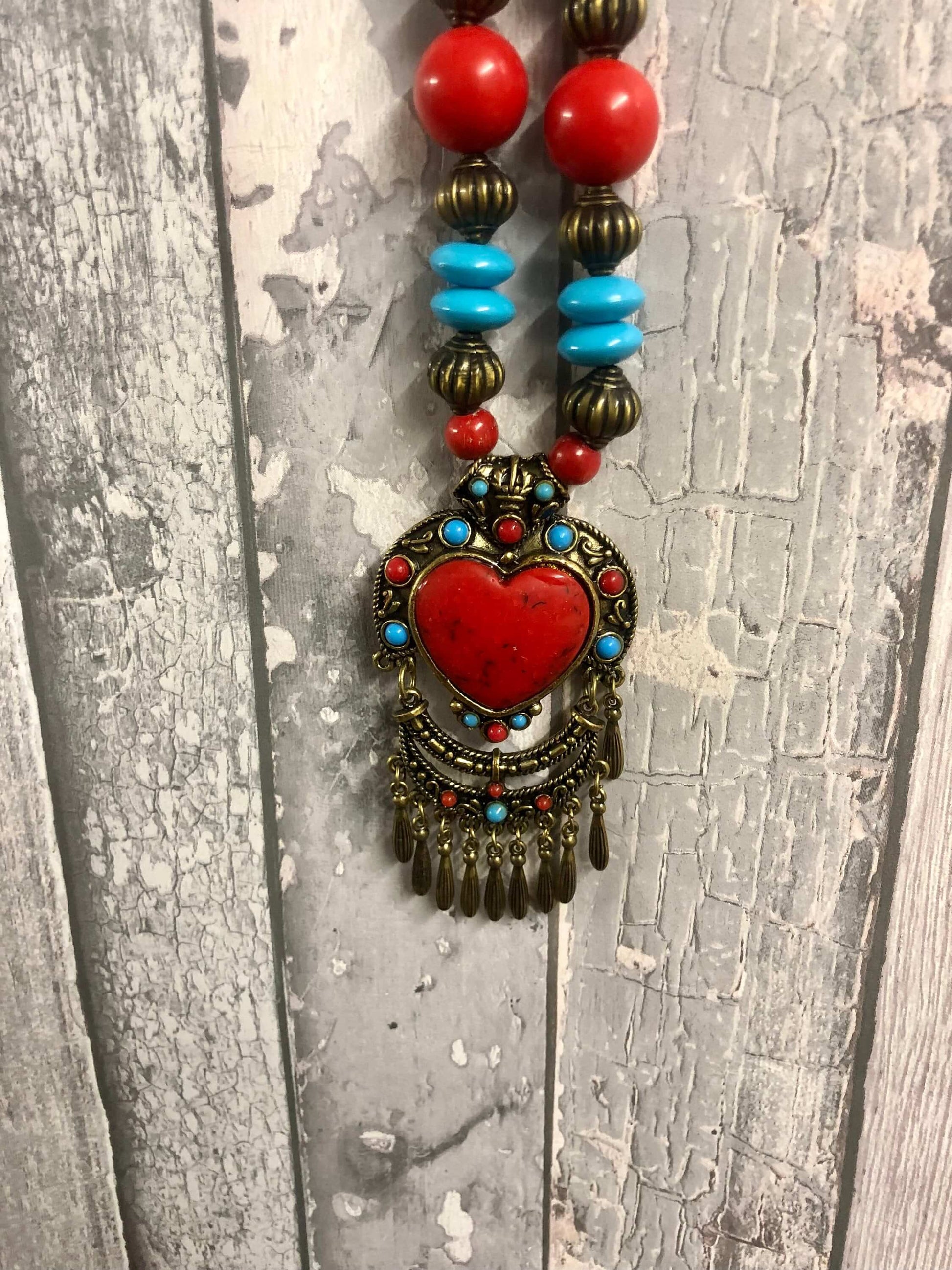 Handmade Tibetan Statement Necklace in Turquoise Blue Red Brass and Stone Handcrafted Vintage Style Jewelry-Osiris Craftworks