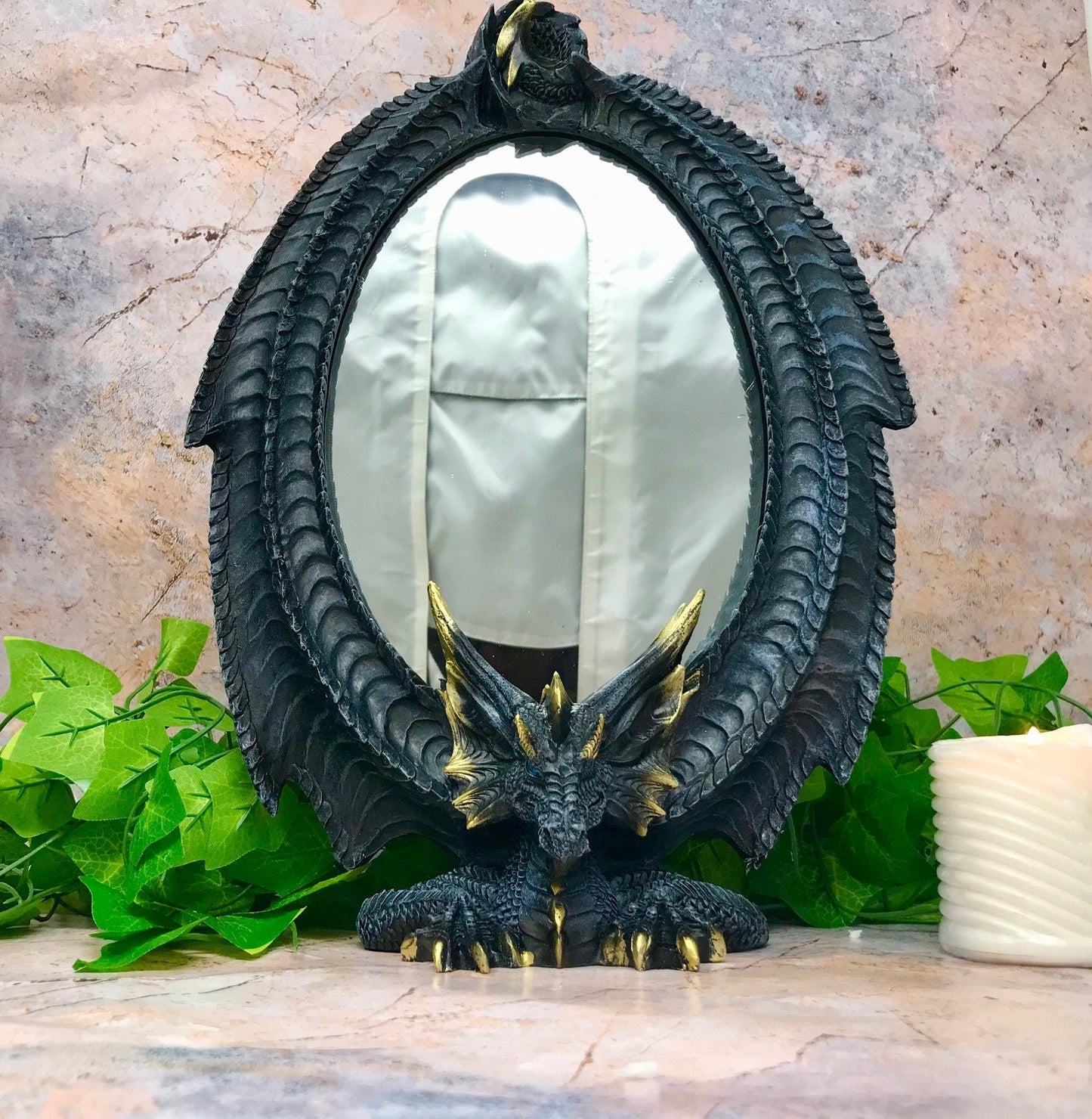 Enigmatic Dragon Guardian Mirror | Gothic Vanity Accent | Freestanding Mythical Decorative Mirror | Fantasy-Themed Home Ornament-Osiris Craftworks