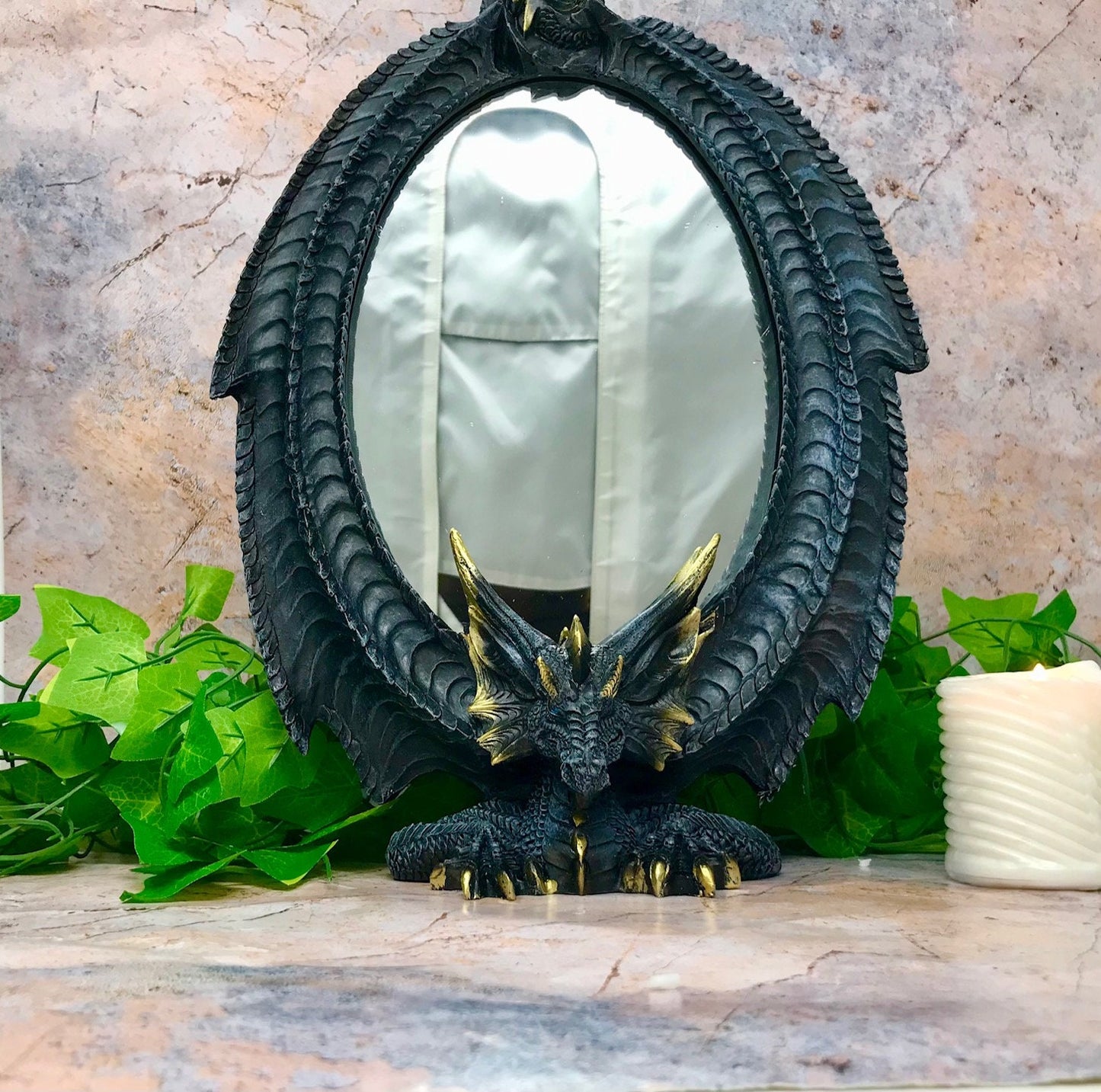 Enigmatic Dragon Guardian Mirror | Gothic Vanity Accent | Freestanding Mythical Decorative Mirror | Fantasy-Themed Home Ornament-Osiris Craftworks