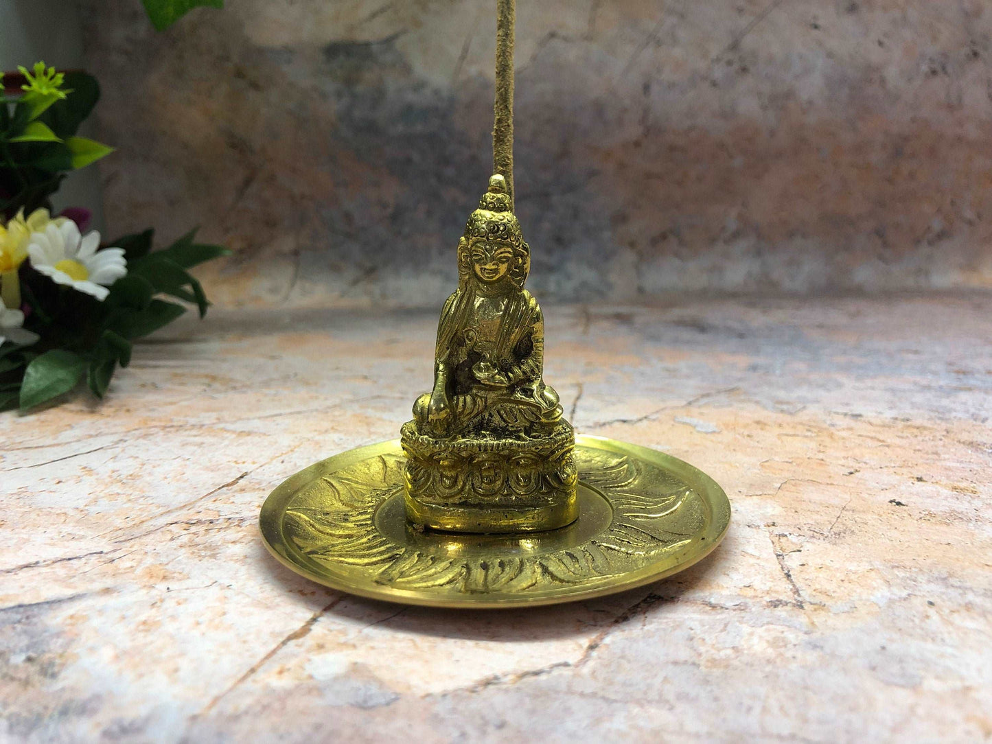 Brass Buddha Incense Holder Ash Catcher Space Clearing Feng Shui Collection Holds 3 Sticks 190 g