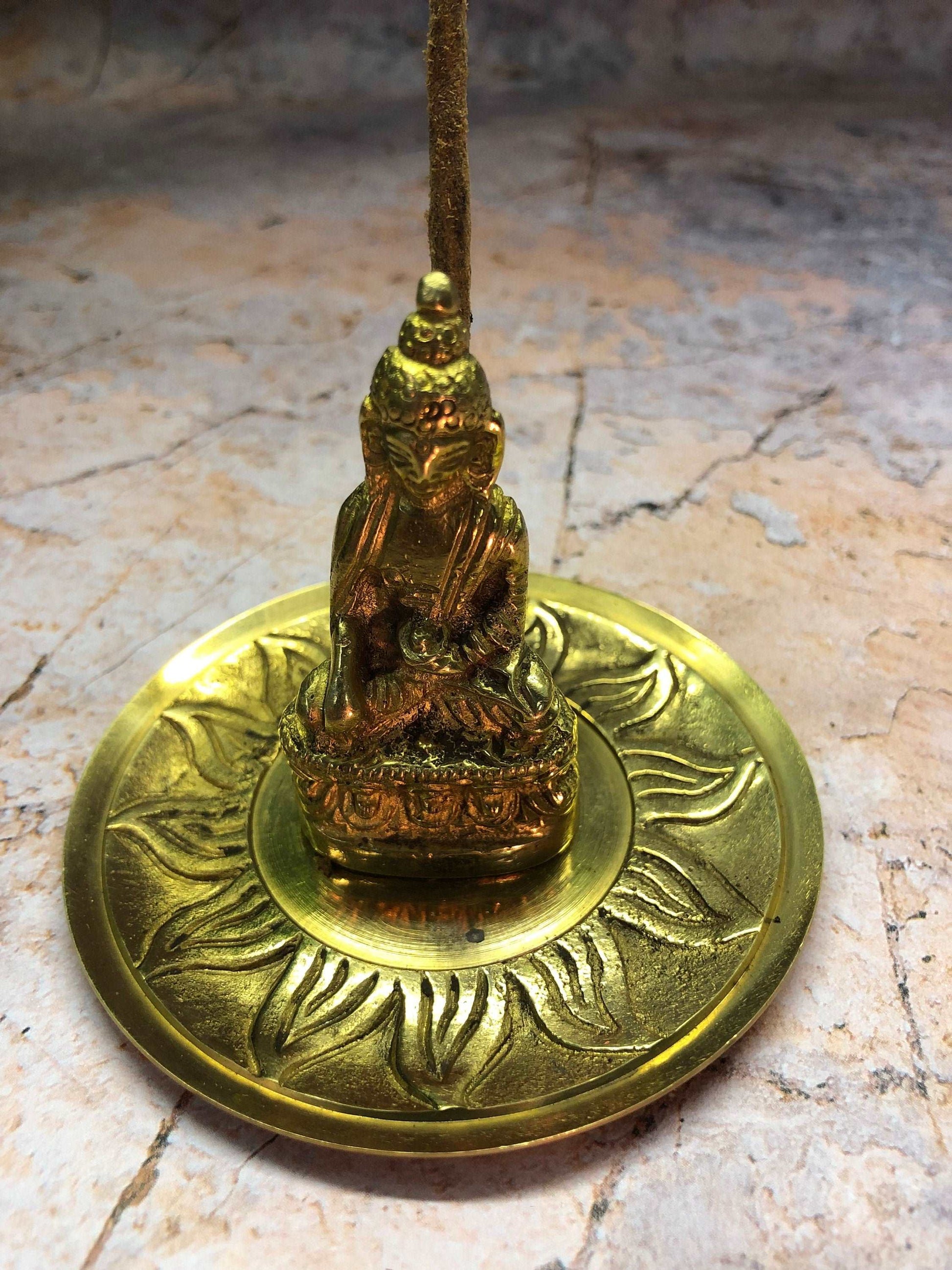 Brass Buddha Incense Holder Ash Catcher Space Clearing Feng Shui Collection Holds 3 Sticks 190 g