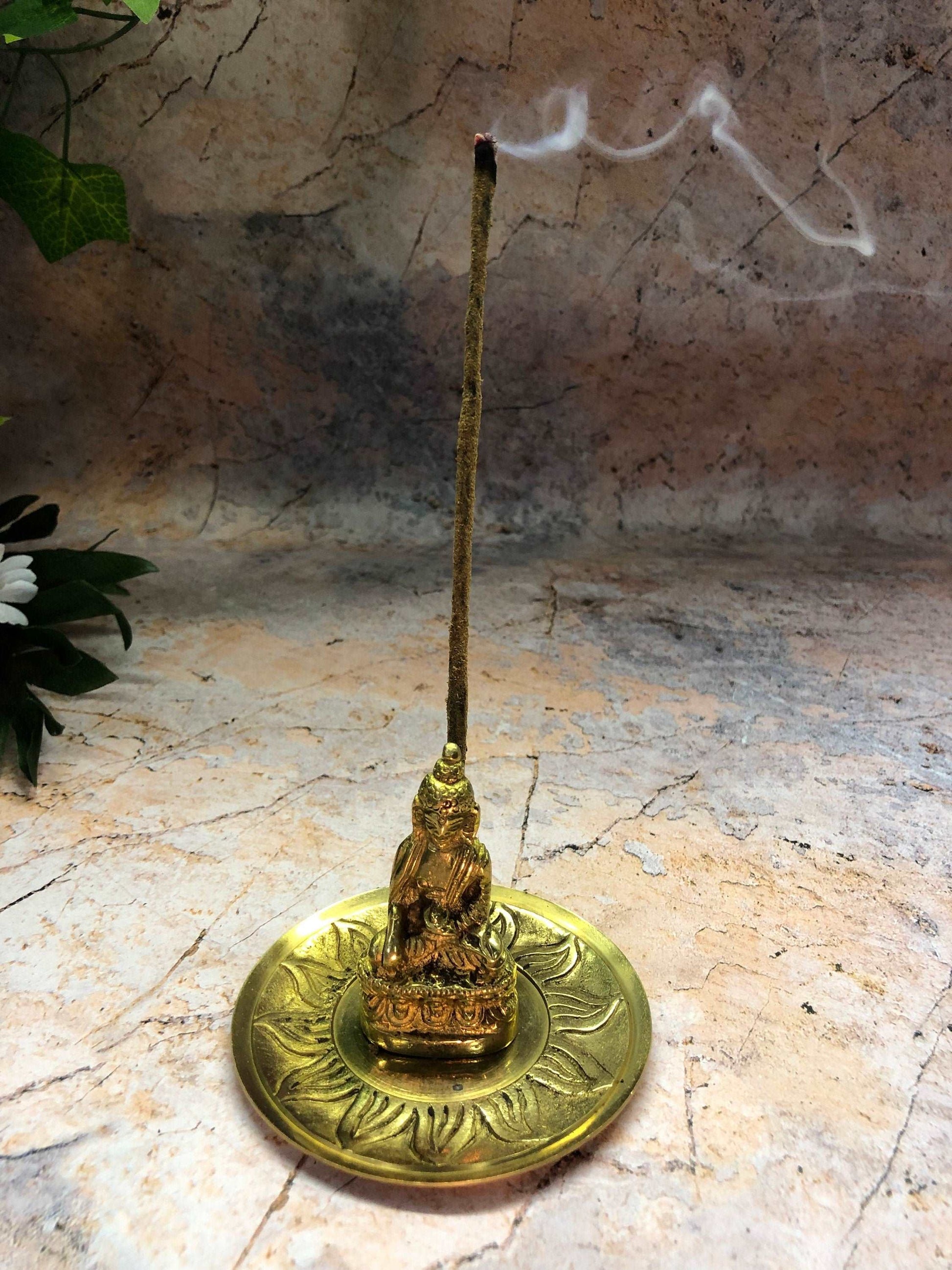 Brass Buddha Incense Holder Ash Catcher Space Clearing Feng Shui Collection Holds 3 Sticks 190 g