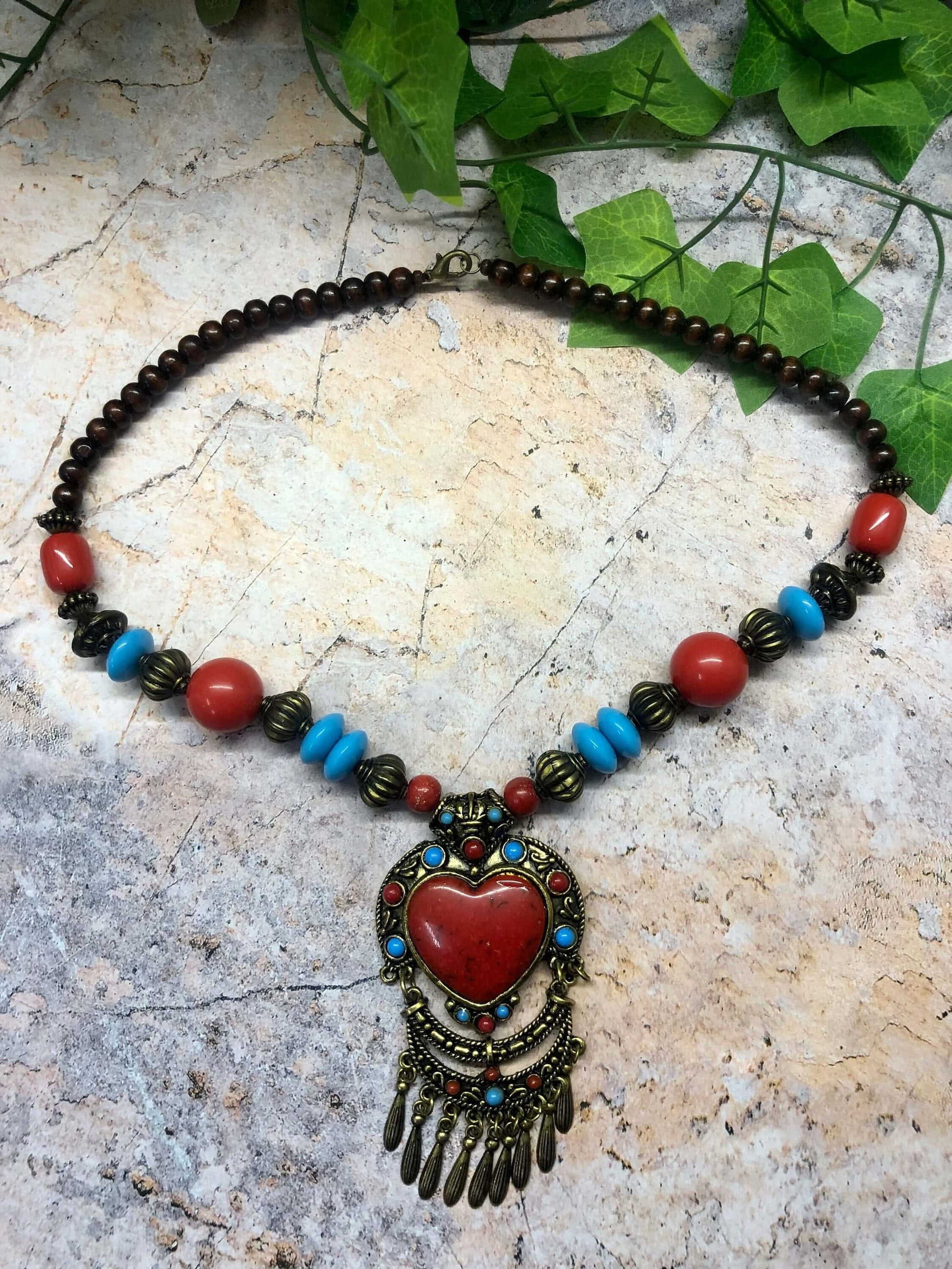 Handmade Tibetan Statement Necklace in Turquoise Blue Red Brass and Stone Handcrafted Vintage Style Jewelry-Osiris Craftworks