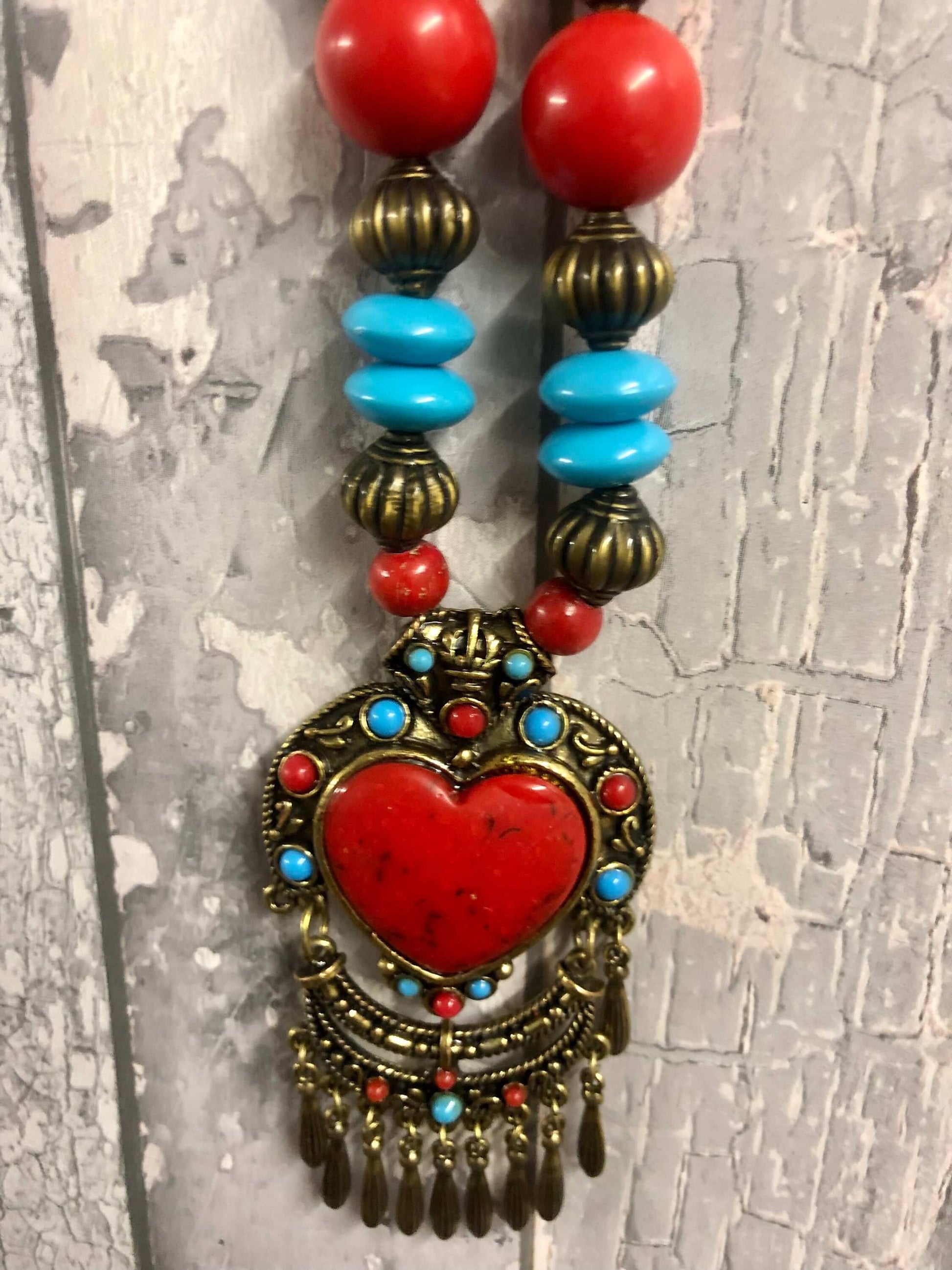 Handmade Tibetan Statement Necklace in Turquoise Blue Red Brass and Stone Handcrafted Vintage Style Jewelry-Osiris Craftworks