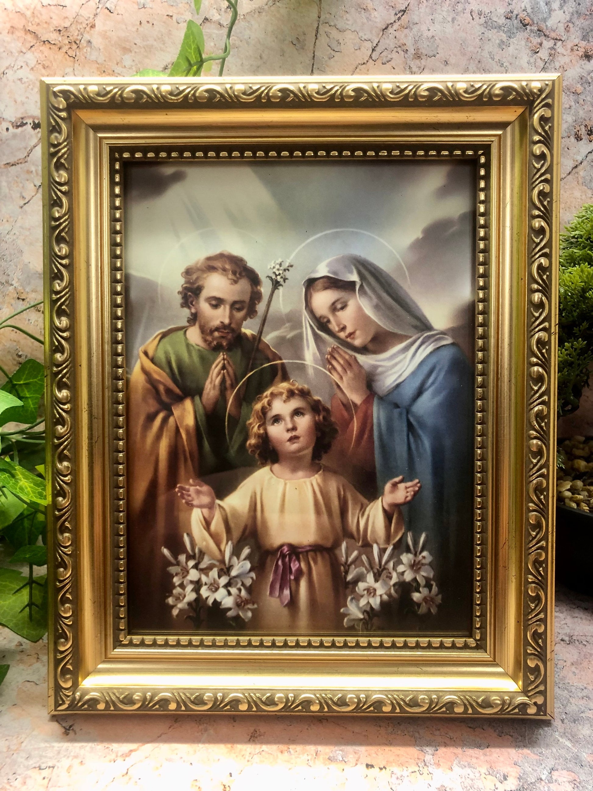 Prayer Picture Holy Family Jesus Mary Joseph Christianity Religious Framed Artwork for Wall or Table Decor-Osiris Craftworks