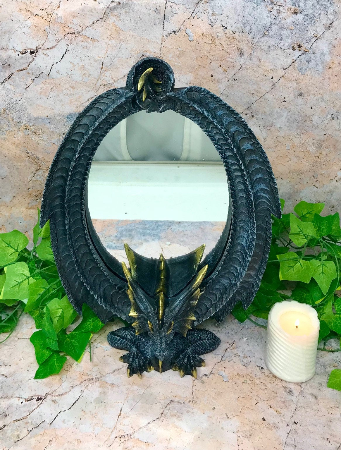 Enigmatic Dragon Guardian Mirror | Gothic Vanity Accent | Freestanding Mythical Decorative Mirror | Fantasy-Themed Home Ornament-Osiris Craftworks