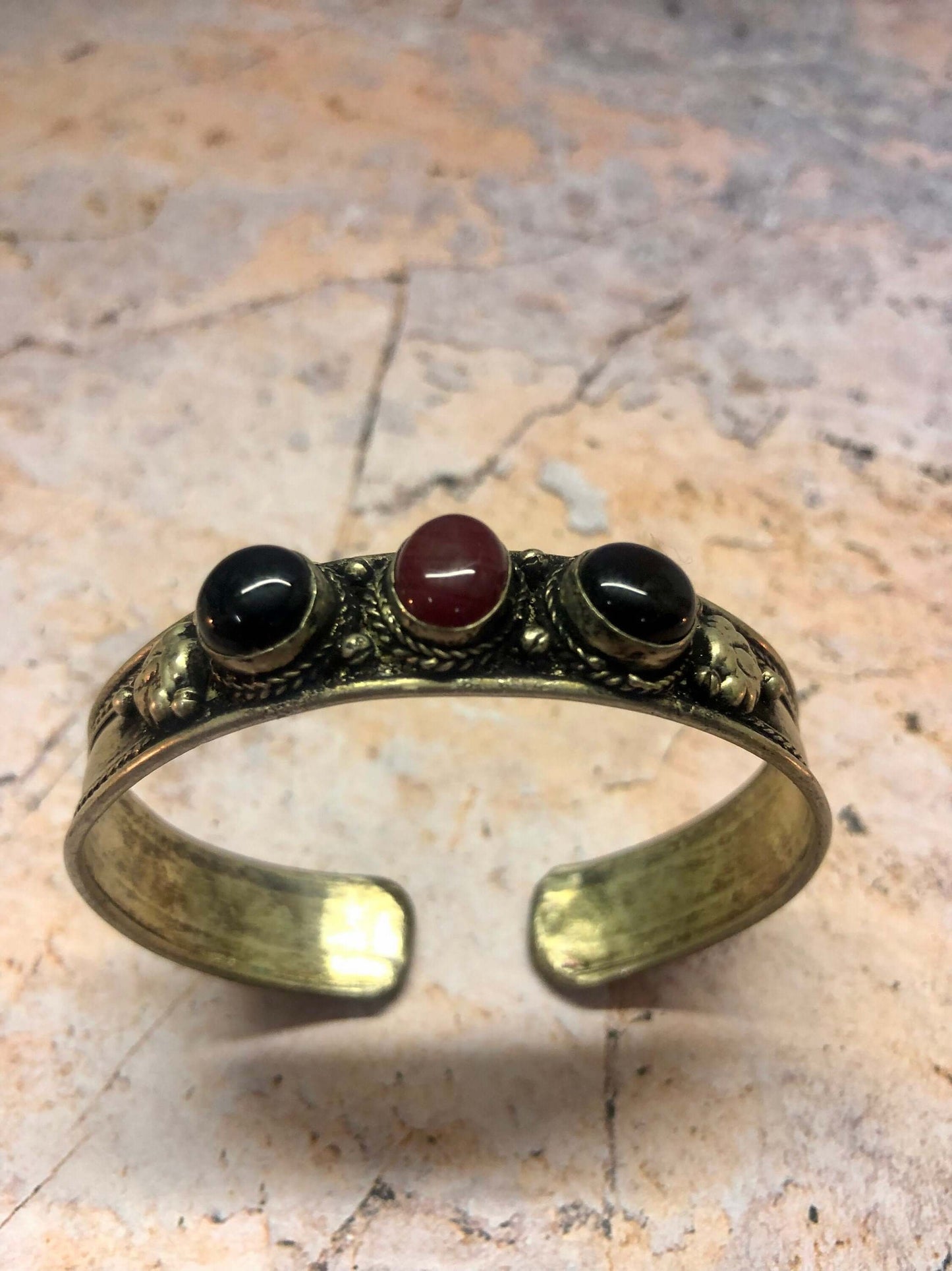 Pewter Three Stones Tibetan Healing Bangle Hand Made from Quality Gemstones and Metal-Osiris Craftworks