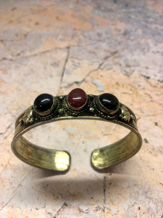 Pewter Three Stones Tibetan Healing Bangle Hand Made from Quality Gemstones and Metal-Osiris Craftworks