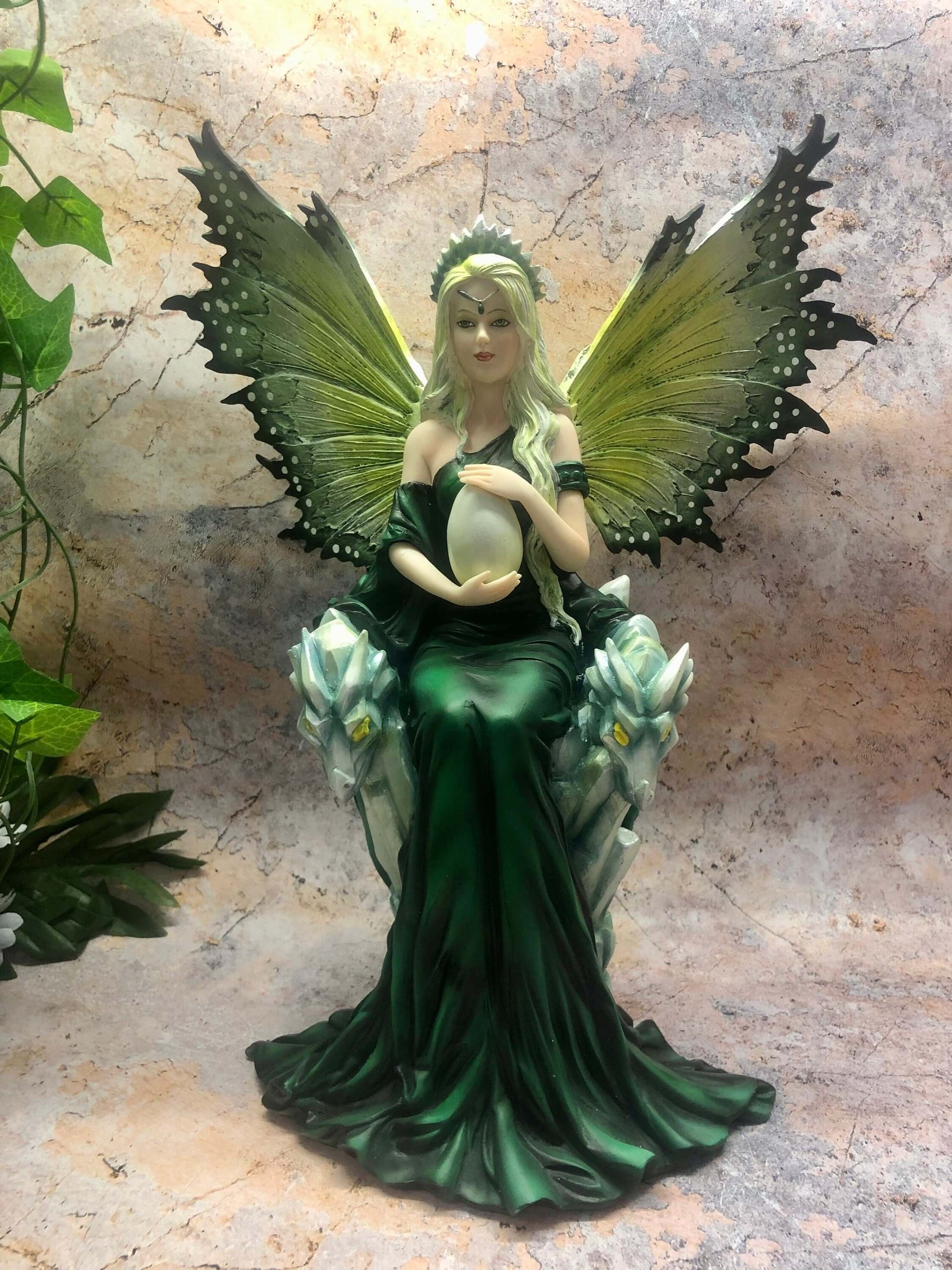 Emerald Enchantress Fairy Statue, Dragon Queen Figurine, Mythical Sculpture, Fantasy Ornament, Enchanted Creature Decor, Elegant Green Fairy