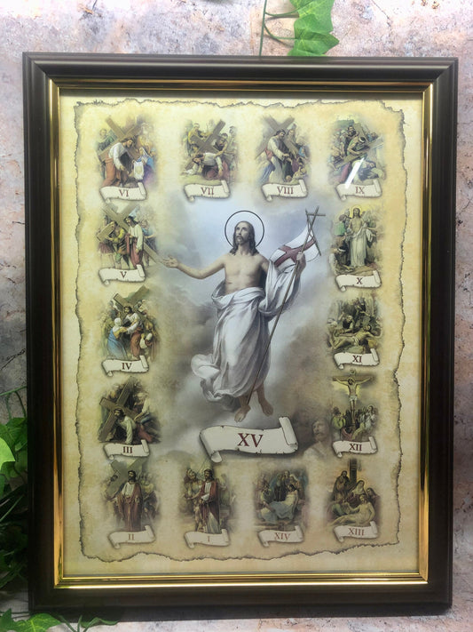 Laminated Framed Picture Stations of the Cross Jesus Christianity Religious Wall Decor for Home or Chapel-Osiris Craftworks