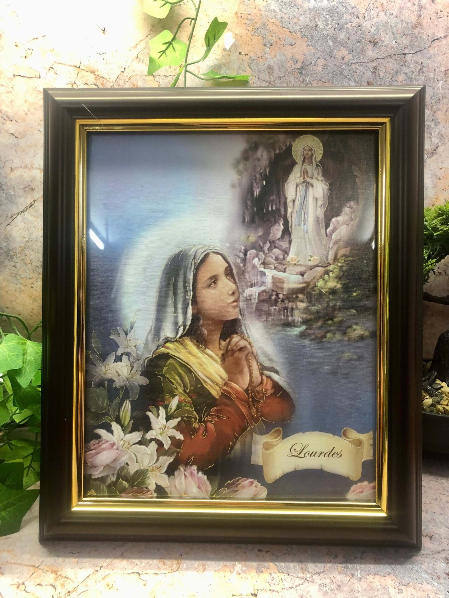 Laminated Framed Picture Blessed Virgin Mary Our Lady of Lourdes Christianity Religious Wall Decor or Freestanding Mahogany Effect-Osiris Craftworks