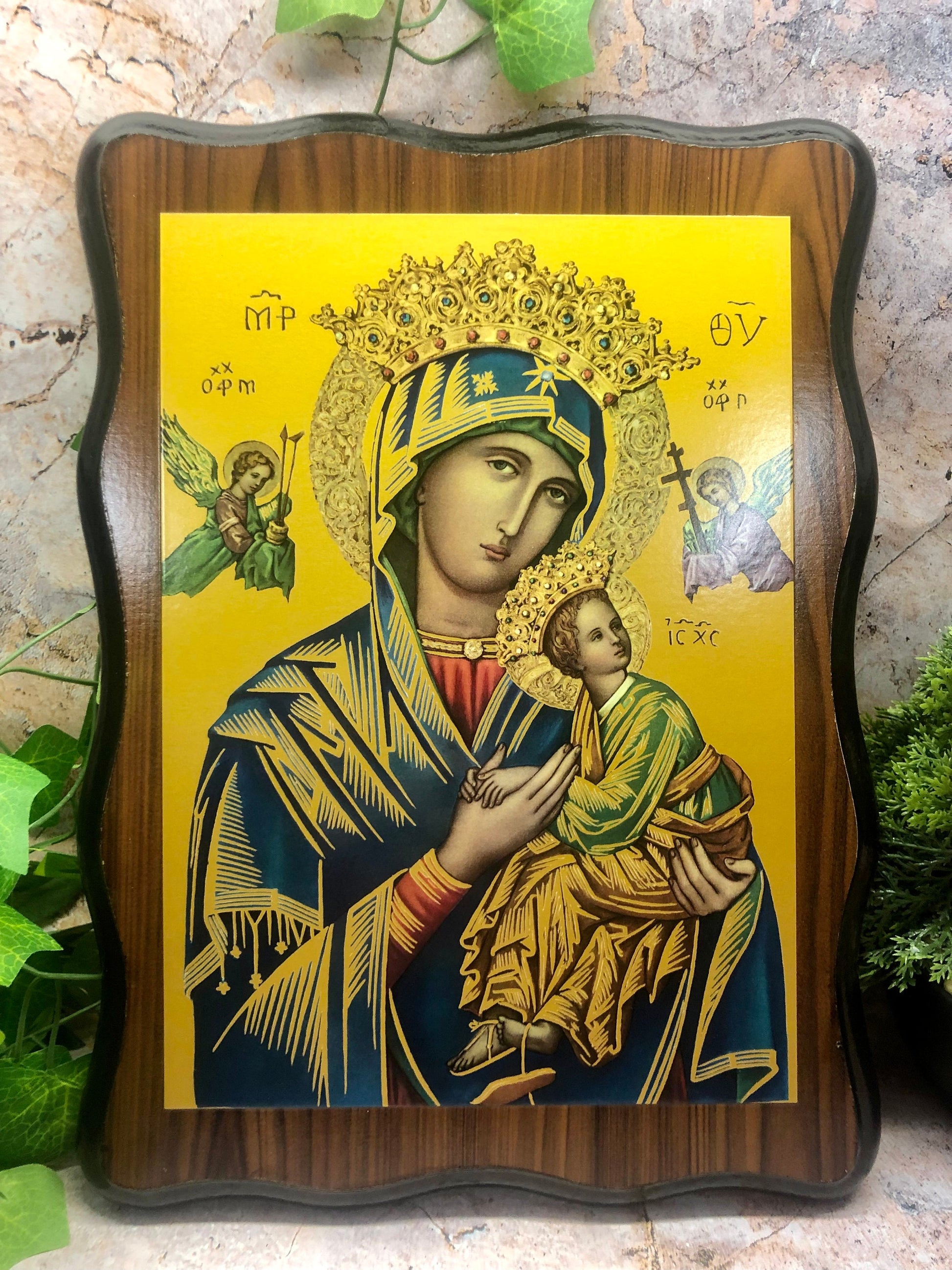 Handcrafted Wooden Icon Plaque of Our Lady of Perpetual Help – Virgin Mary Wall Art, Religious Home Decor-Osiris Craftworks