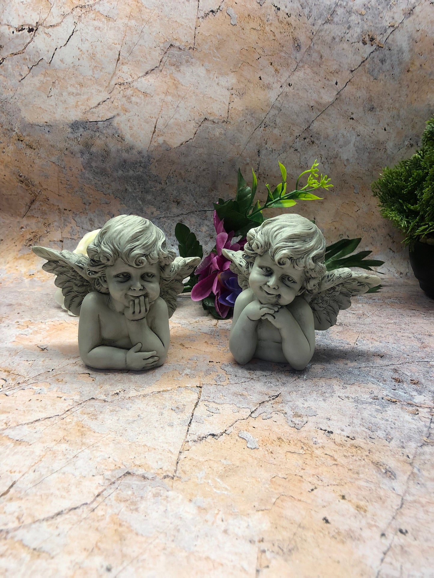 Charming Pair of Cherub Figurines, Thoughtful Angels Statues, Decorative Memorial Sculptures, Angelic Presence for Graveside and Garden-Osiris Craftworks