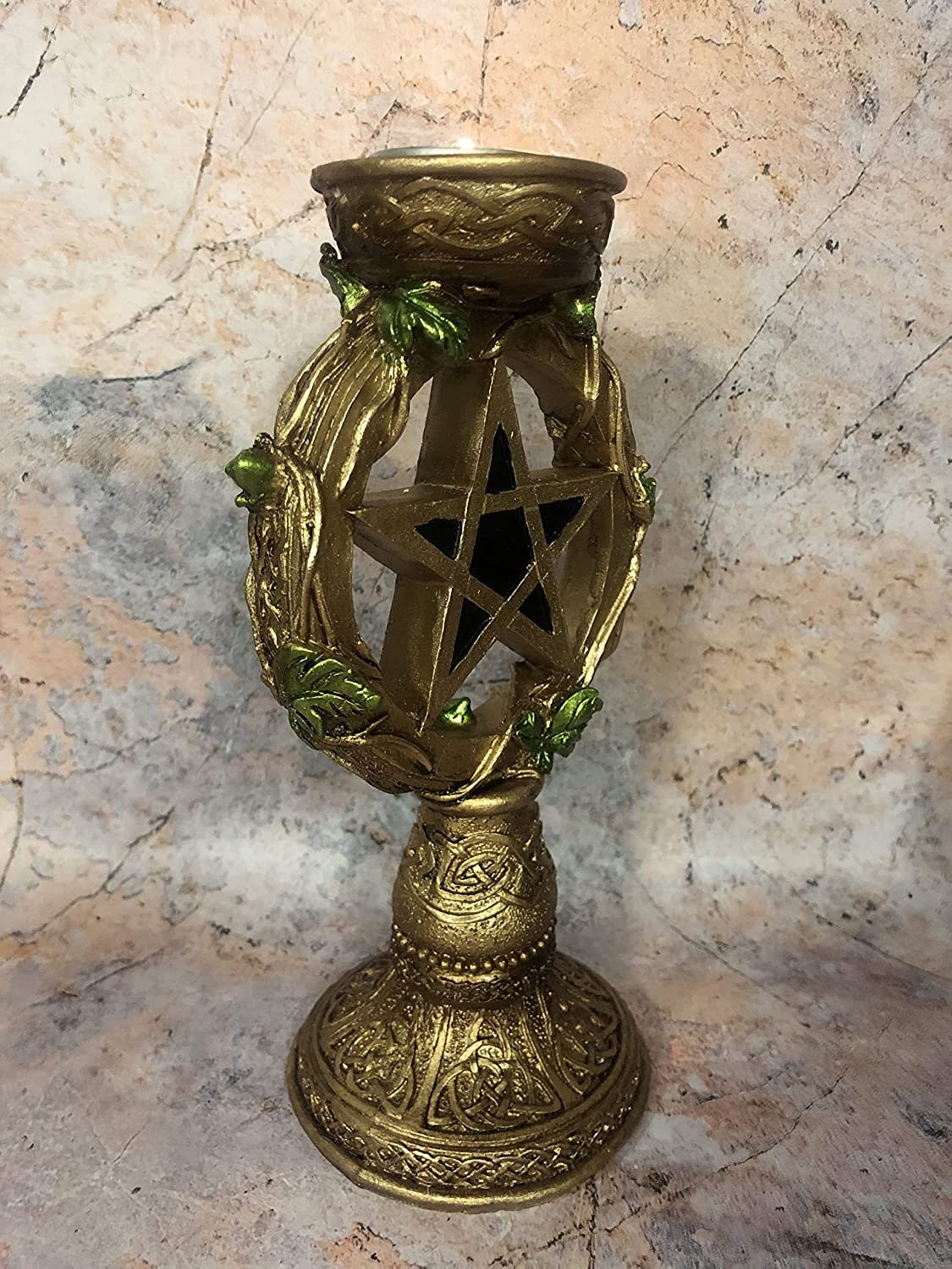 Wiccan Supplies: Antique Gold Celtic Pentagram Candle Holder for Pagan Altars-Osiris Craftworks