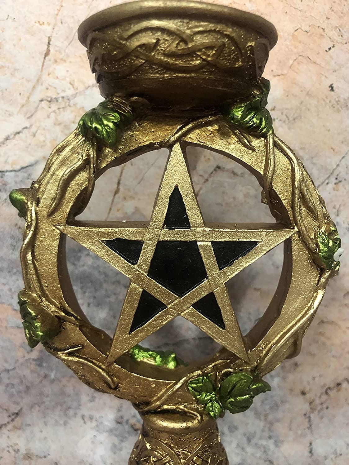 Wiccan Supplies: Antique Gold Celtic Pentagram Candle Holder for Pagan Altars-Osiris Craftworks