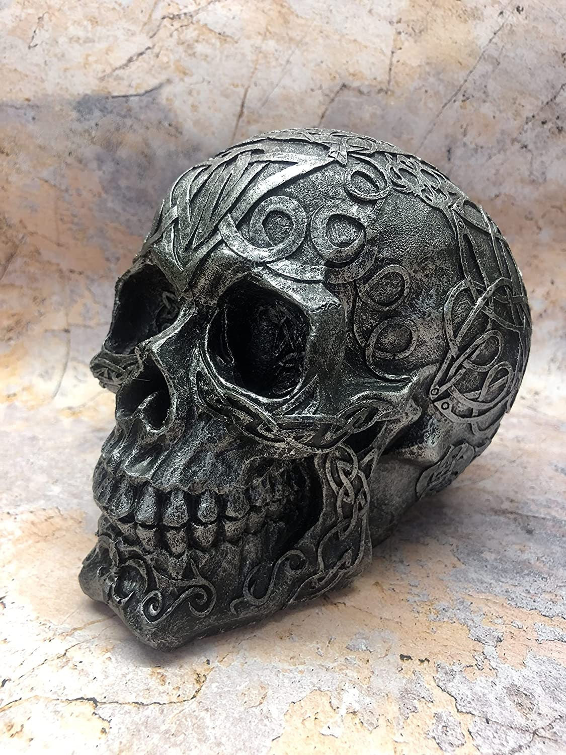 Elegant Celtic Silver Skull Figure: Novelty Gothic Decor for Home or Halloween Display-Osiris Craftworks