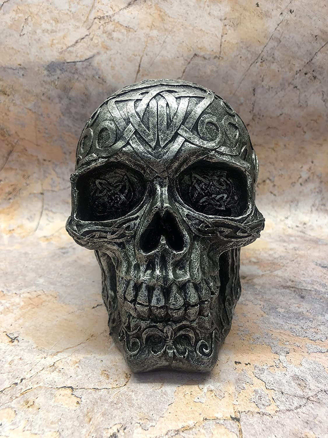 Elegant Celtic Silver Skull Figure: Novelty Gothic Decor for Home or Halloween Display-Osiris Craftworks