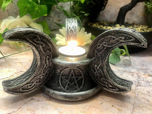 Triple Moon Pentagram Candle Holder Pagan Wiccan Altar Decor Antique Silver Finish-Osiris Craftworks