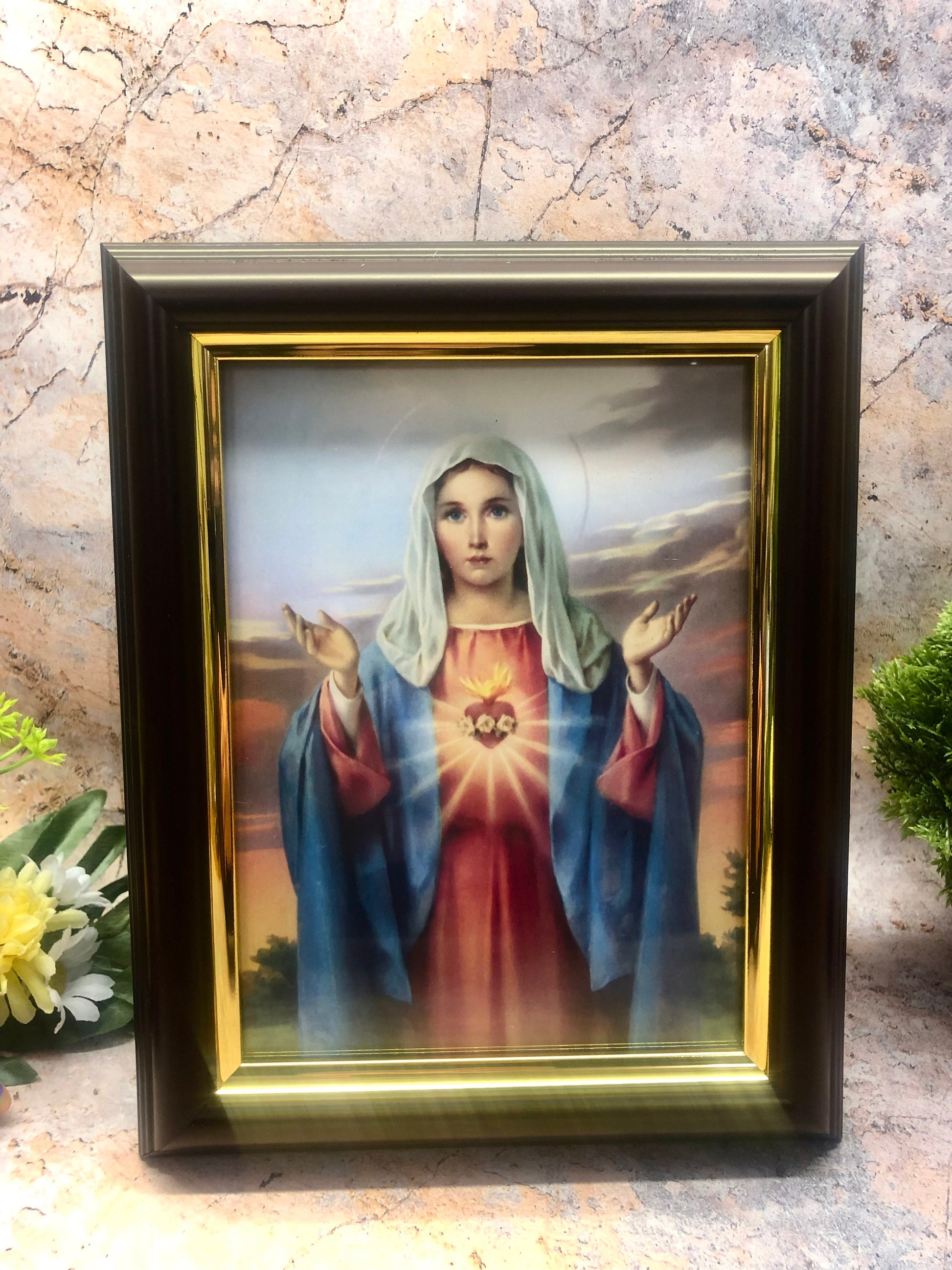 Framed Immaculate Heart of Mary Picture - Religious Wall Plaque Decoration, Free Standing or Wall Mounted, Hand Cast Plastic, Home Gift-Osiris Craftworks