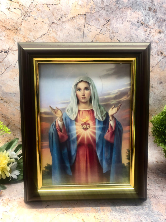 Framed Immaculate Heart of Mary Picture - Religious Wall Plaque Decoration, Free Standing or Wall Mounted, Hand Cast Plastic, Home Gift-Osiris Craftworks