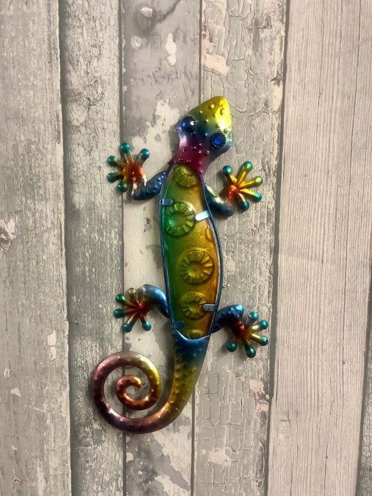 Metal Gecko Wall Art, Vibrant Lizard Decor Unique Home Accent, Eclectic Garden Ornament, Bohemian Chic, Artisan Crafted, Whimsical Sculpture-Osiris Craftworks