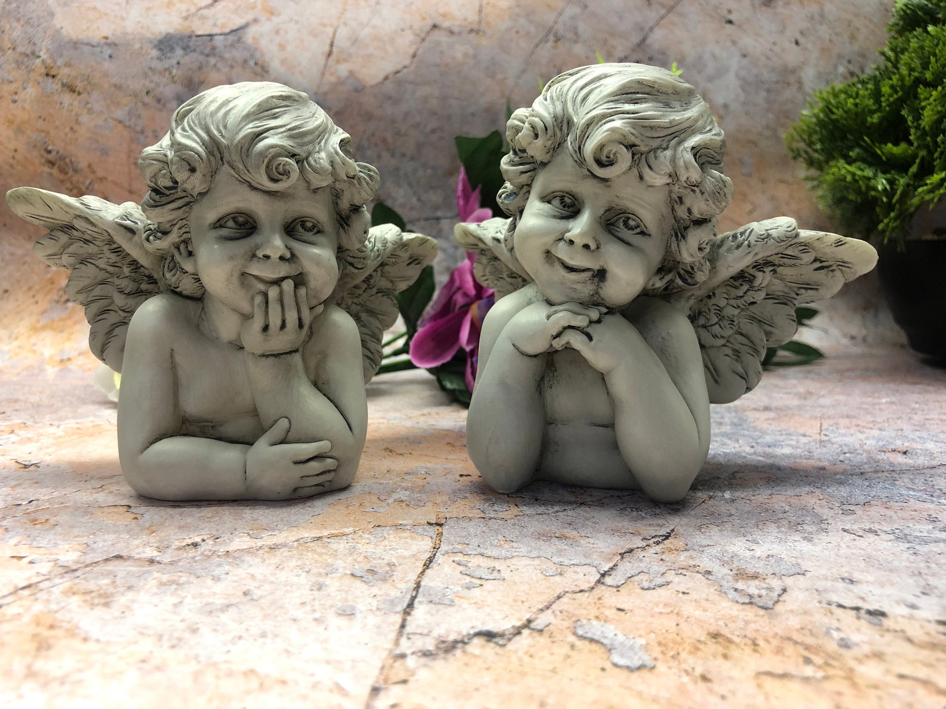 Charming Pair of Cherub Figurines, Thoughtful Angels Statues, Decorative Memorial Sculptures, Angelic Presence for Graveside and Garden-Osiris Craftworks