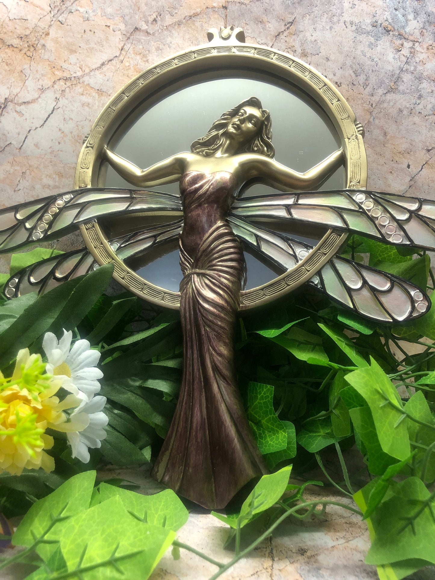 Stylish Dragonfly Lady Art Nouveau Wall Mirror: Hand Painted Resin Ornament for Home Decor