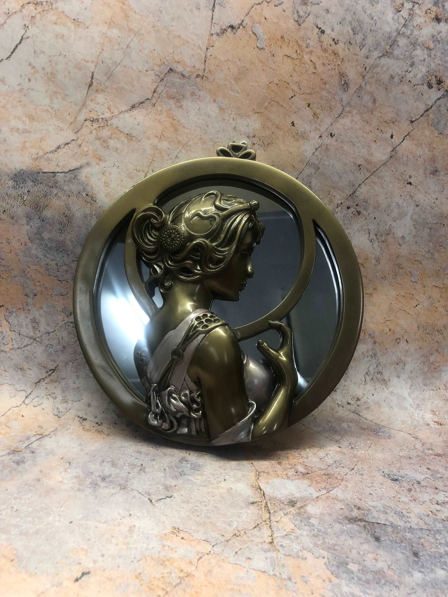 Art Nouveau Lady Wall Mirror with Exquisite Bronze Effect Resin Ornament for Home Decor