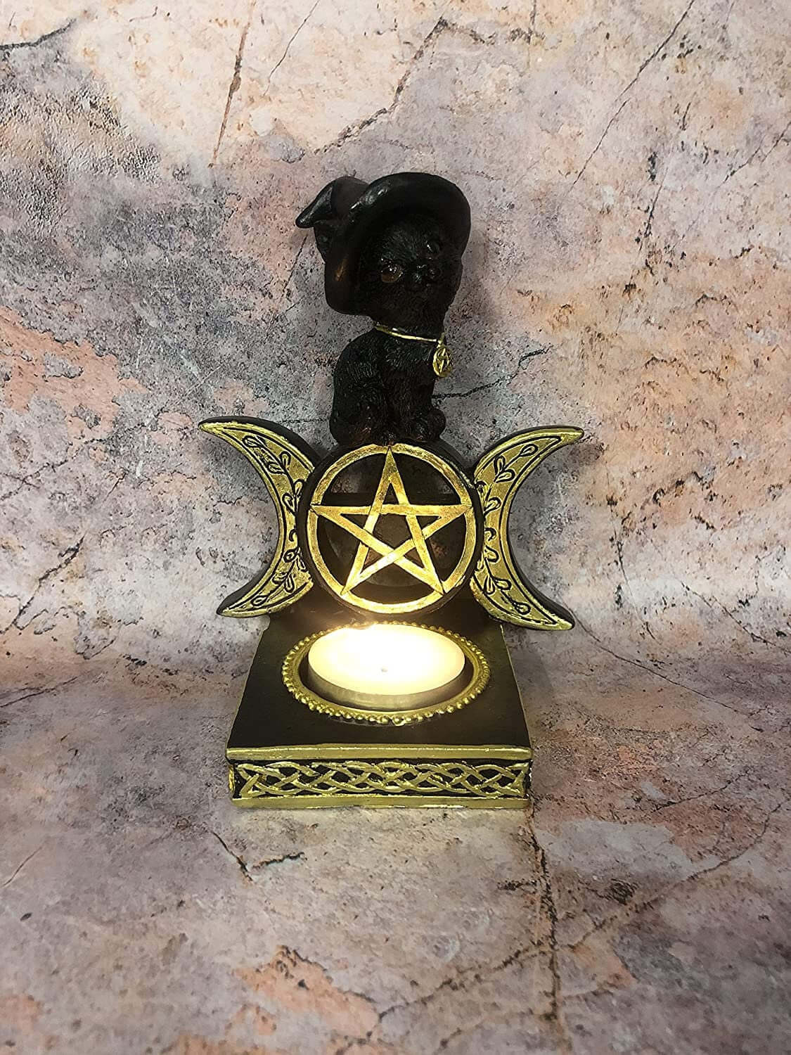 Enchanting Witch's Familiar: Triple Moon Goddess Cat Candle Holder with Witchcraft and Pagan Symbolism-Osiris Craftworks